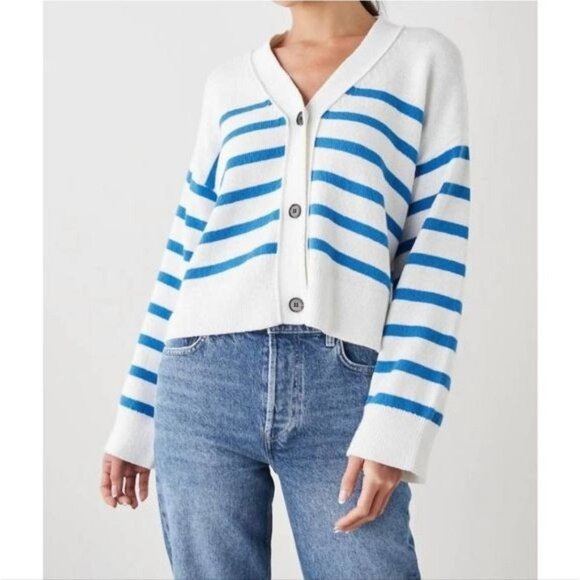 Rails Geneva White Azure Knit Oversized Blue Striped Cardigan Sweater Large - Picture 1 of 7
